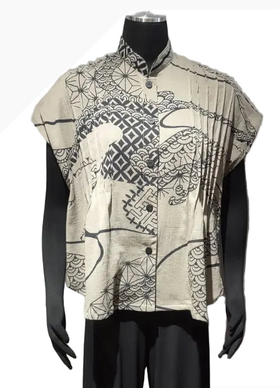 Yasuko KW126GY GRAY Kimono Wave Pintuck Cap Sleeve Lightweight Blouse