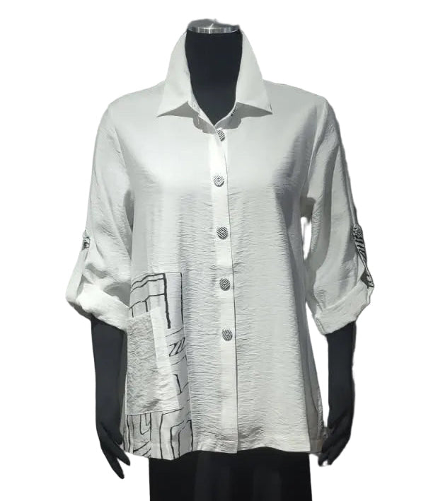 Shana 25327WT WHITE Long Sleeve Button Front Blouse With Black & White Buttons & Patchwork Accents & Pocket