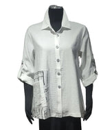 Shana 25327WT WHITE Long Sleeve Button Front Blouse With Black & White Buttons & Patchwork Accents & Pocket