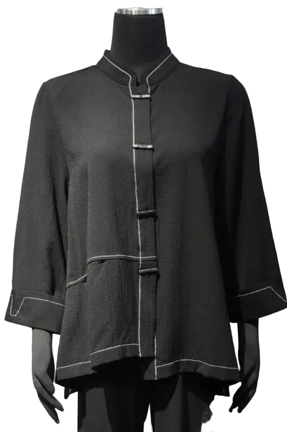 Moonlight 4311BK BLACK Button Front Asymmetric Jacket With White Stitching