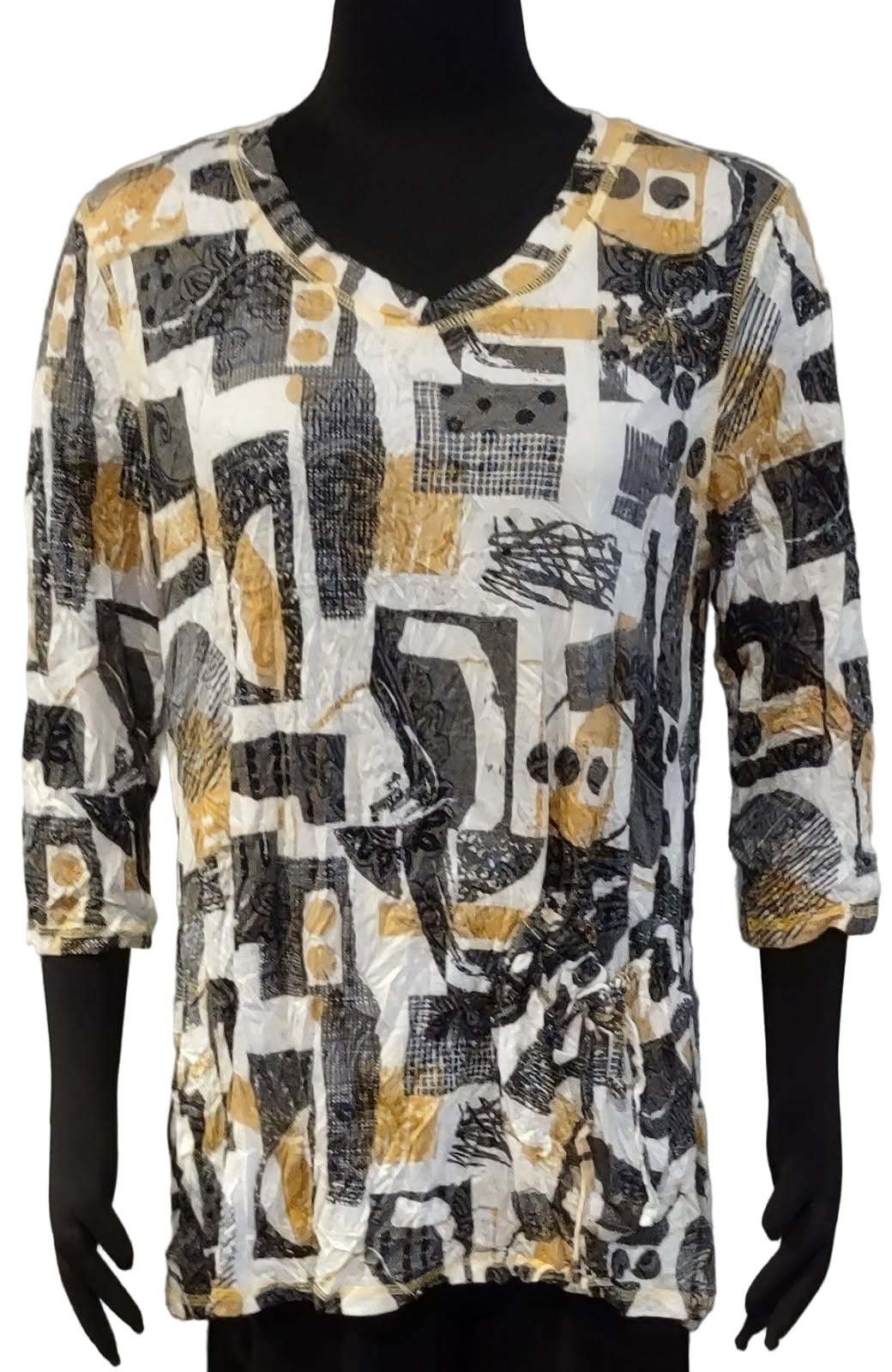 Shana 25615MUS Mustard Tunic Length V-Neck 3/4 Sleeve Crinkle One Pocket Top