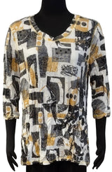Shana 25615MUS Mustard Tunic Length V-Neck 3/4 Sleeve Crinkle One Pocket Top