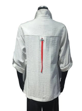 Shana 25327WT WHITE Long Sleeve Button Front Blouse With Black & White Buttons & Patchwork Accents & Pocket