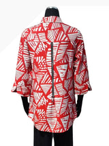 Shana 26349RW Red & White Geometric Print Long Sleeve Button Front Blouse With Back Zipper Accent