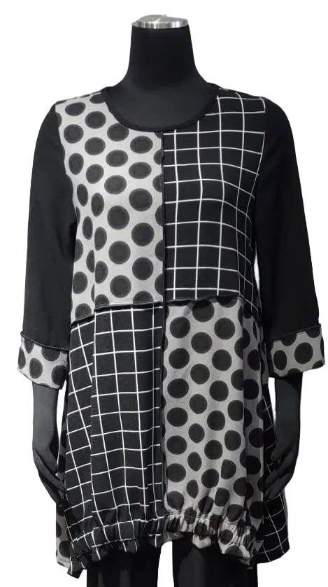 Moonlight 2926 Black & Grey Polka Dot & Plaid Patch 3/4 Sleeve Swing Tunic