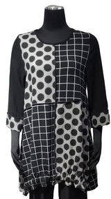 Moonlight 2926 Black & Grey Polka Dot & Plaid Patch 3/4 Sleeve Swing Tunic