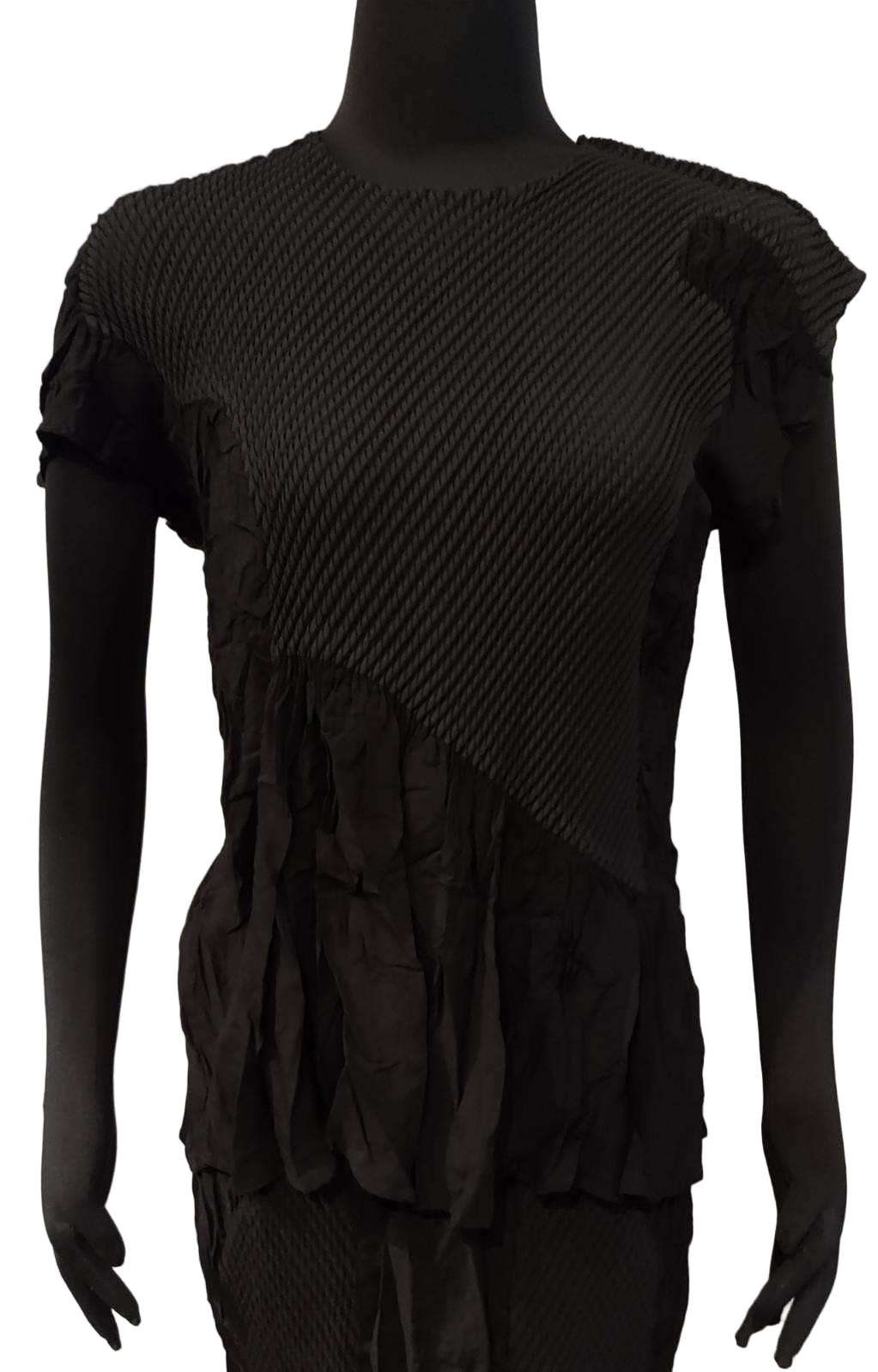 Vanité Couture 18826BK Black Crinkle and Waffle Quilt Asymmetric Patchwork One Size Top