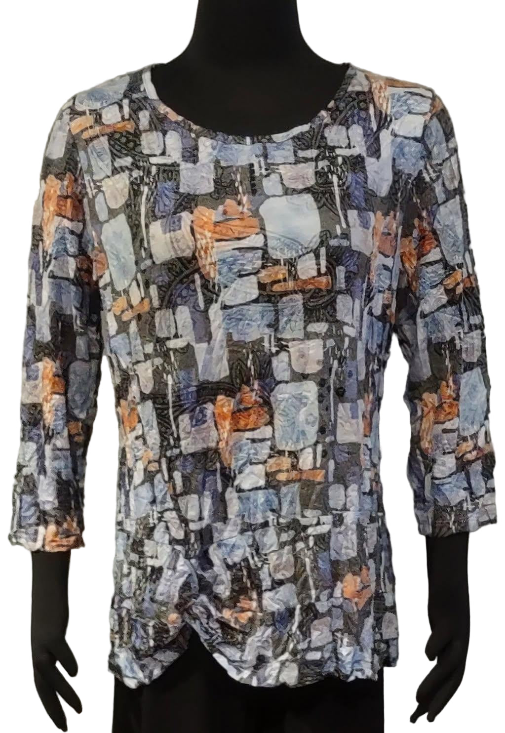 Shana 25616SQ Blue Orange Black Squares 3/4 Sleeve Crinkle Knot Top