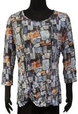 Shana 25616SQ Blue Orange Black Squares 3/4 Sleeve Crinkle Knot Top