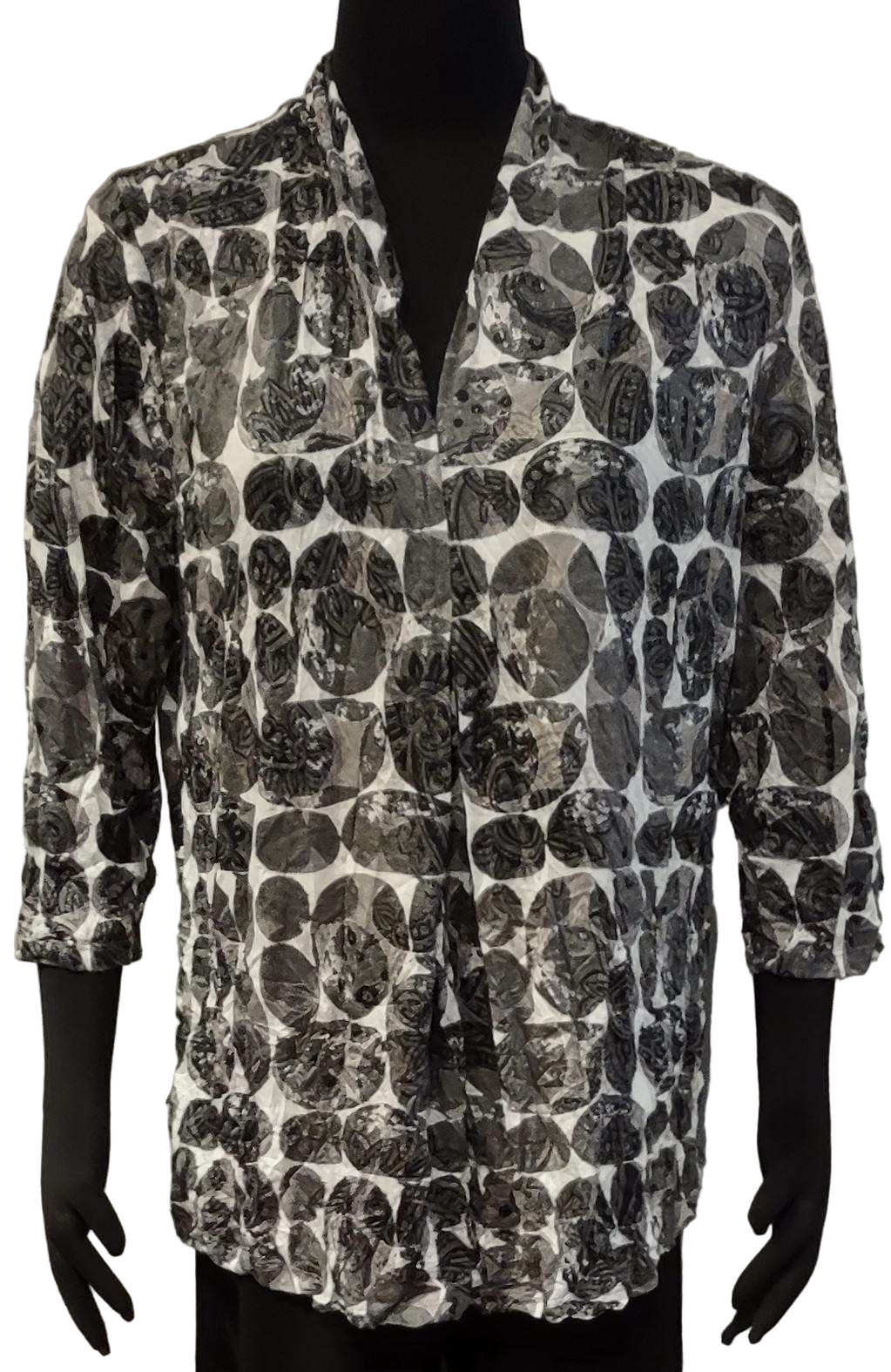 Shana 25604C Circles Grey and White Crinkle Pleated V-Neck Top