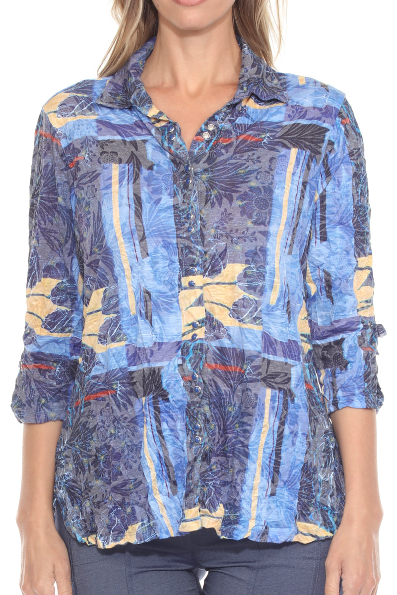 Carine BC25027 INDIGO TROPIC Burnout Crinkle Sabrina Shirt