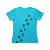 Marüshka RVN28PAW03 PAW PRINTS Black on Turquoise 100% Cotton Relaxed V-Neck Short Sleeve Tee