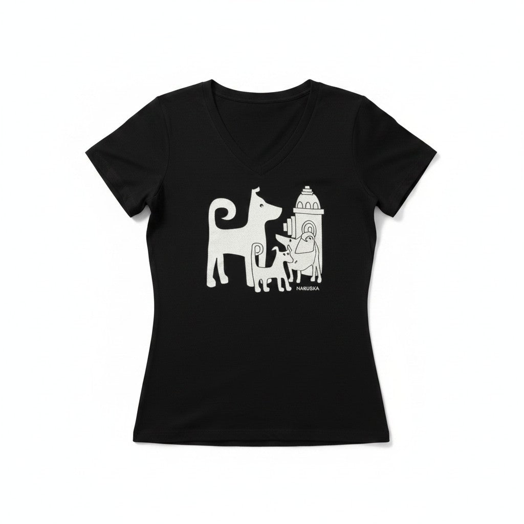 Marüshka RVNWBDS DOG SQUAD White On Black Relaxed V Neck Short Sleeve T-Shirt