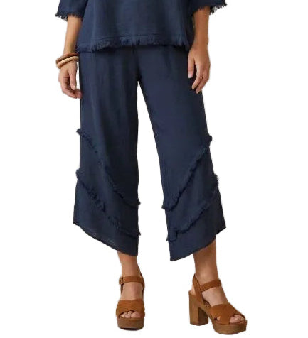 Look Mode USA 3009NV NAVY Cotton Linen Pull-On Wide Leg Crop Pants