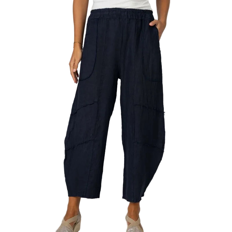 Look Mode USA 1847NV NAVY 100% Linen Pull-On Balloon Crop Pants