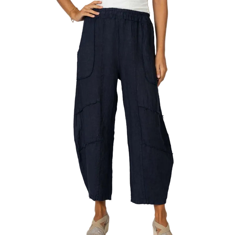 Look Mode USA 1847NV NAVY 100% Linen Pull-On Balloon Crop Pants