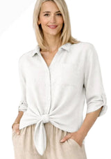Look Mode USA 99925WT WHITE One Size Mix Linen/Cotton Tie Front Blouse