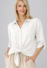 Look Mode USA 99925WT WHITE One Size Mix Linen/Cotton Tie Front Blouse