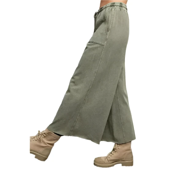 Easel EB40128 ASH GREEN Washed 100% Cotton Terry Knit Wide Leg Pants