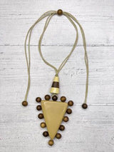 Alisha D NSC278 Long Statement Necklace With Large Yellow Pendant and Brown Beads on Adjustable Cord