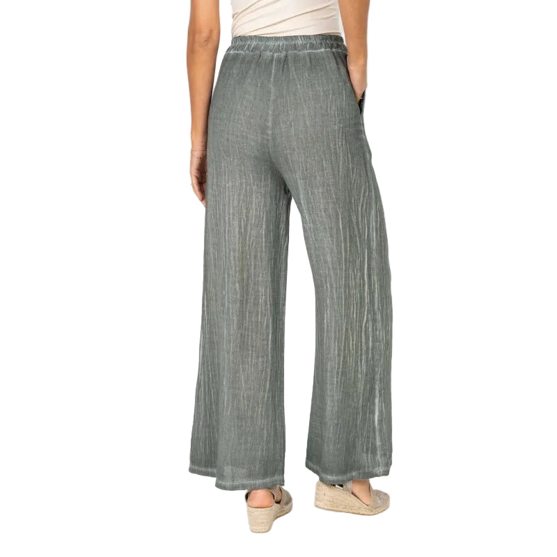 Look Mode USA 13066OV OLIVE Cotton Linen Pull-On Pants With Pockets