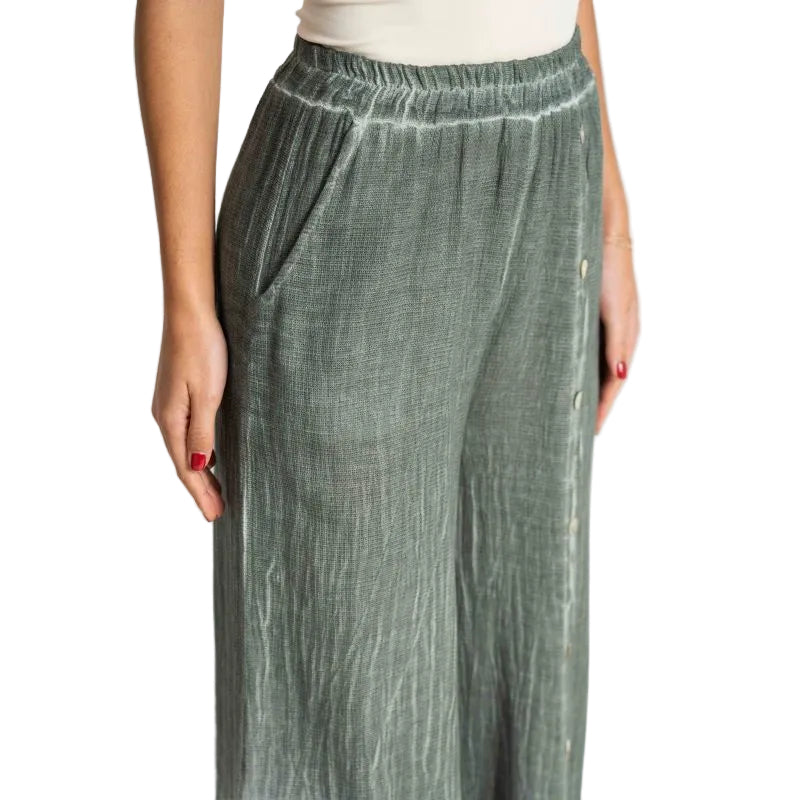 Look Mode USA 13066OV OLIVE Cotton Linen Pull-On Pants With Pockets