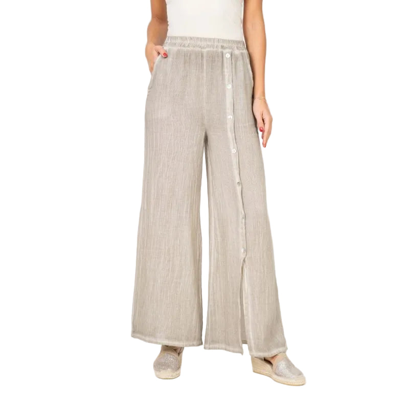 Look Mode USA 13066TP TAUPE Cotton Linen Pull-On Pants With Pockets