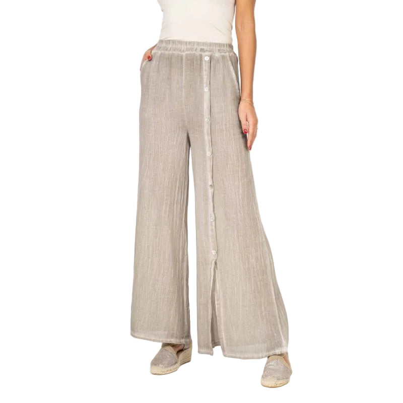 Look Mode USA 13066TP TAUPE Cotton Linen Pull-On Pants With Pockets