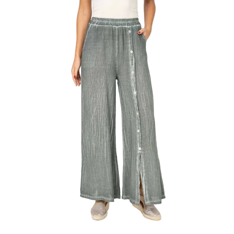Look Mode USA 13066OV OLIVE Cotton Linen Pull-On Pants With Pockets