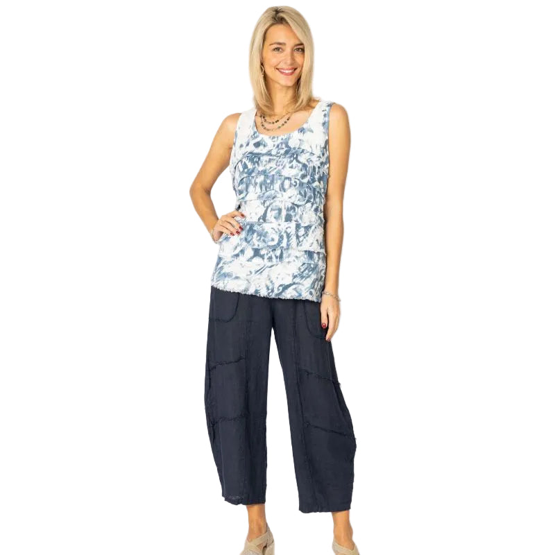 Look Mode USA 9971PNV NAVY PRINT Sleeveless Linen Top With Raw Edge Detail