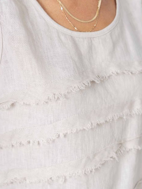 Look Mode USA 9971WT WHITE Sleeveless Linen Top With Raw Edge Detail