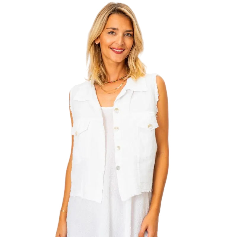Look Mode USA 1074WT WHITE Sleeveless Linen Vest