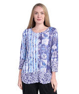 Shana 25625NV NAVY Crinkle Shibori Mix Media Long Sleeve Top