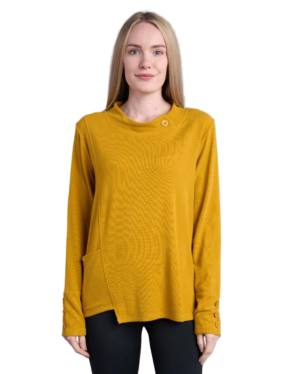 Shana 25688MST MUSTARD Solid Color With Stitch and Button Details Tunic Top With Pockets