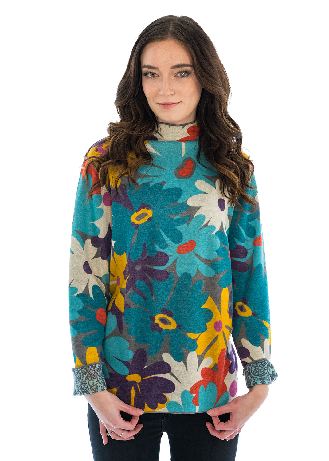 Trisha Tyler 11552TQ Turquoise and Purple Floral Reversible Mock Turtleneck Long Sleeve Oversized Sweater