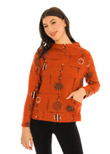 Trisha Tyler 11576OR Orange Standup Neck Embossed Print Pullover Sweater With Pocket