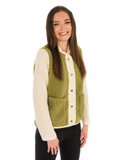 Trisha Tyler 11610LM Lime Snap Front Sherpa Fleece Vest With Pockets and Ivory Corduroy Trim