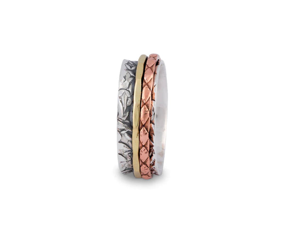 Ritual Ring SG0150 Narrow Textured Sterling Base Ring With Textured Brass & Copper Spinning Ring