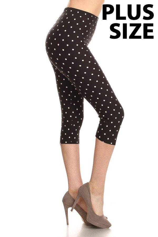 Leggings Depot CPX-R885 B&W POLKA DOT PLUS One Size Crop Leggings
