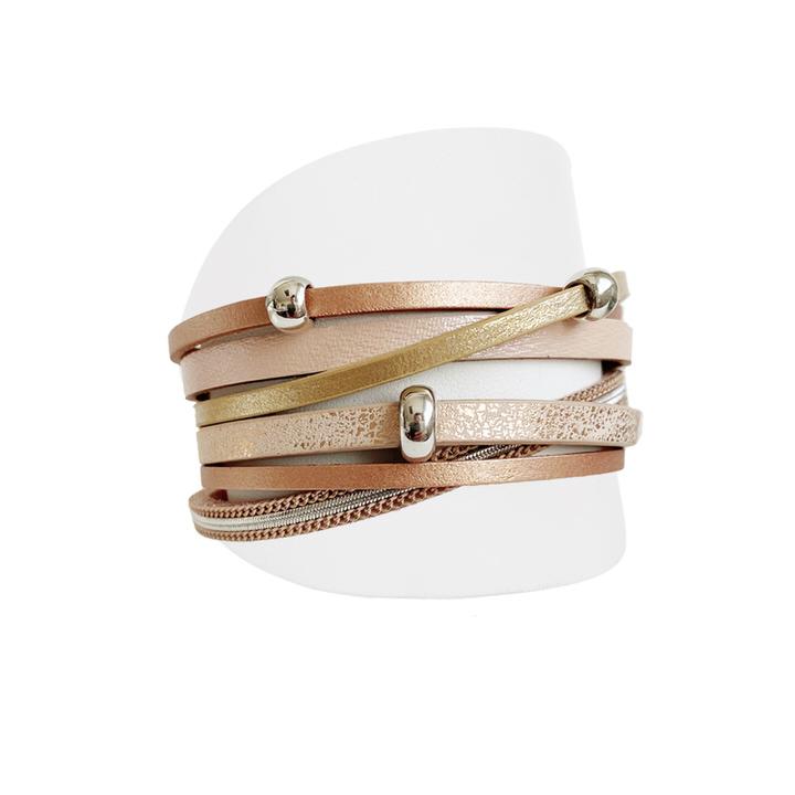 Caracol 3171COF Taupe/Bronze Multi Strand Leather Bracelet With Metal Pieces & Chains