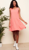 Charlie B C3132CR CORAL Sleeveless Bubble Cotton Gauze Dress With Tiered Hem