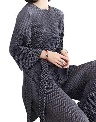 Vanité Couture 8888GY One-Size Grey Japanese Shibori Herringbone Pleated Hi-Lo Belted Top