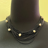 Escape From Paris NPD37NBW Short Black Multi Chain Layered Necklace White Pearls