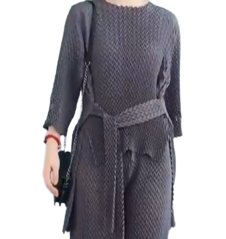 Vanité Couture 8888GY One-Size Grey Japanese Shibori Herringbone Pleated Hi-Lo Belted Top