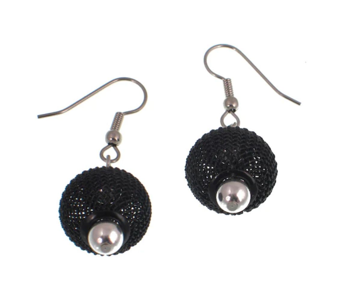Erica Zap ME1204BS Black Nickel & Silver Round Mesh Bead Earrings